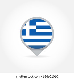 Flag of Greece icon in shape of map pointer or marker. Greek national symbol. Vector illustration.