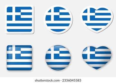 Flag of Greece icons collection. Flat stickers and 3d realistic glass vector elements on white background with shadow underneath.