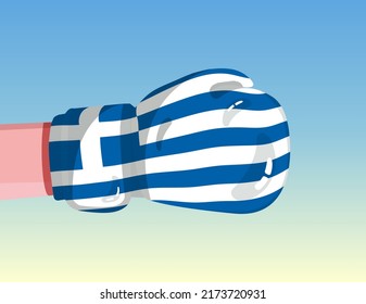 Flag of Greece on boxing glove. Confrontation between countries with competitive power. Offensive attitude. Separation of power. Template ready design.
