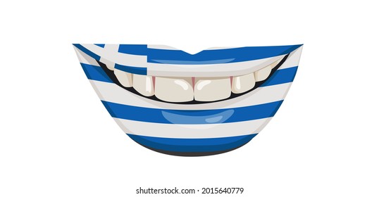 The flag of Greece on the lips. A woman's smile with white teeth. Vector illustration