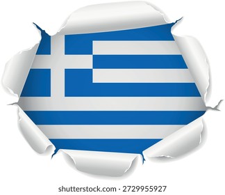 Flag of Greece. Flag Revealed Through Torn Paper Hole with Realistic Curled Edges over a transparent background. The ripped edges curl outward with realistic shadows and depth, creating a striking reveal effect