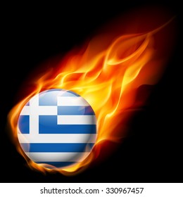 Flag of Greece as round glossy icon burning in flame