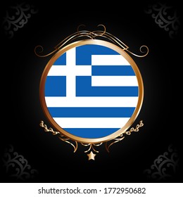 Flag of Greece round icon with gold Circle Frame, badge or button. Greece national symbol. Vector illustration.