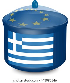 Flag of Greece. Saucepan with a translucent cover. The symbol of the European Union. 3D illustration isolated on white background.