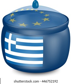 Flag of Greece. Saucepan with a translucent cover. The symbol of the European Union. 3D illustration isolated on white background.