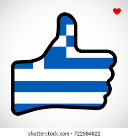 Flag of Greece in the shape of Hand with thumb up, gesture of approval,  vector finger sign, flat design illustration.