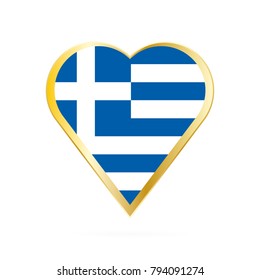 Flag of Greece in the shape of Heart, symbol of Love Gold version.