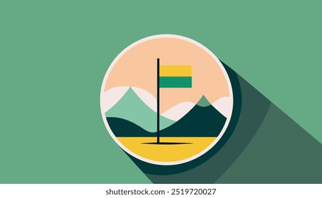 A flag with a green pole is on a green background. The flag is on a mountain