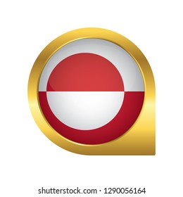 Flag of Greenland, location map pin, pointer flag, button with the reflection of light and shadow, gold frame, Icon country. Realistic vector illustration on white background.