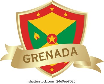 Flag of grenada as around the metal gold shield with grenada flag