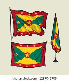 Flag of Grenada on the wind and on the wall hand drawn vector illustration set