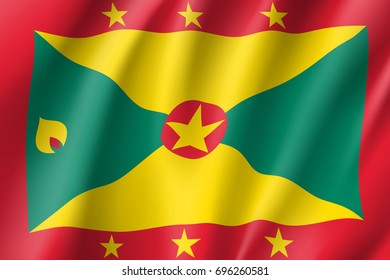 Flag Grenada realistic icon. State insignia of the nation in realistic style on the entire page. Waving state flag. National symbol in the form of a vector illustration