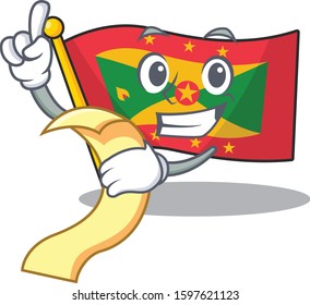 Flag grenada Scroll cartoon character holding menu ready to serve