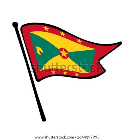 Flag of Grenada. Grenada flag vector illustration icon design in the hand-drawn style. Fluttering flagpole flag.