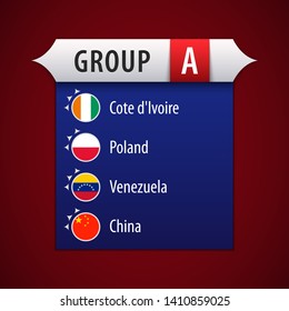 Flag of group A: Cote d’Ivoire, Poland, Venezuela, China. Vector illustration.