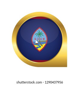Flag of Guam, location map pin, pointer flag, button with the reflection of light and shadow, gold frame, Icon country. Realistic vector illustration on white background.