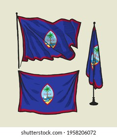 Flag of Guam on the wind and on the wall hand drawn vector illustration set