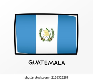 Flag of Guatemala. Colorful Guatemalan flag logo. Blue and white brush strokes, hand drawn. Black outline. Vector illustration isolated on white background.