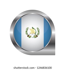 Flag of Guatemala, location map pin, pointer flag, button with the reflection of light and shadow, silver frame, Icon country. Realistic vector illustration on white background.