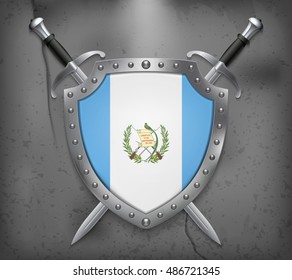 Flag of Guatemala. The Shield Has Flag Illustration. Two Crossed Swords that are Behind the Shield. Vector Medieval Background