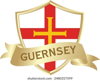 Flag of guernsey as around the metal gold shield with guernsey flag