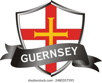 Flag of guernsey as around the metal silver shield with guernsey flag