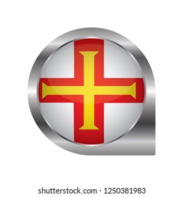 Flag of Guernsey, location map pin, pointer flag, button with the reflection of light and shadow, silver frame, Icon country. Realistic vector illustration on white background.