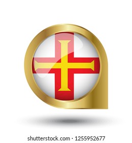 Flag of Guernsey, location map pin, pointer flag, button with the reflection of light and shadow, gold frame, Icon country. Realistic vector illustration on white background.