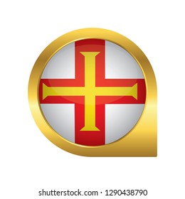 Flag of Guernsey, location map pin, pointer flag, button with the reflection of light and shadow, gold frame, Icon country. Realistic vector illustration on white background.