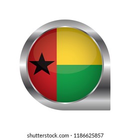 Flag of Guin Bissau, location map pin, pointer flag, button with the reflection of light and shadow, silver frame, Icon country. Realistic vector illustration on white background.