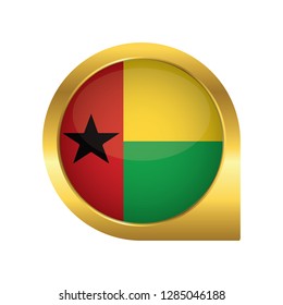 Flag of Guin Bissau, location map pin, pointer flag, button with the reflection of light and shadow, gold frame, Icon country. Realistic vector illustration on white background.