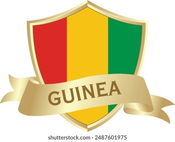 Flag of guinea as around the metal gold shield with guinea flag