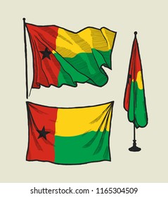 Bandera de Guinea bissau en el viento y en la pared conjunto de ilustraciones dibujadas a mano