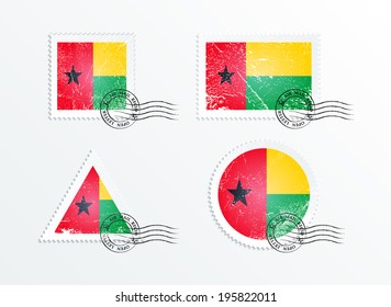 Flag of Guinea Bissau. Stamps with the image of the flag. Stamp with flag. Triangular stamp, stamp rectangular, round stamp, square stamp. Mark in grungy style. Battered mark. Old label.