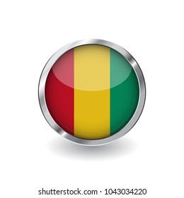 Flag of guinea, button with metal frame and shadow. guinea flag vector icon, badge with glossy effect and metallic border. Realistic vector illustration on white background.