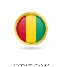 Flag of Guinea with golden frame, circle round glossy button, vector design, editable eps file
