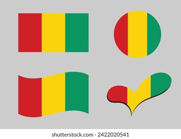 Flagge von Guinea. Guinea-Flagge in Herzform. Guinea-Flagge in Kreisform. Länderflaggenvarianten