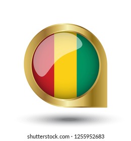 Flag of Guinea, location map pin, pointer flag, button with the reflection of light and shadow, gold frame, Icon country. Realistic vector illustration on white background.