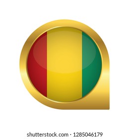 Flag of Guinea, location map pin, pointer flag, button with the reflection of light and shadow, gold frame, Icon country. Realistic vector illustration on white background.