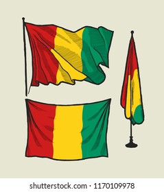 Flag of guinea on the wind and on the wall illustration set