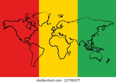 The flag of Guinea with the outline of the world