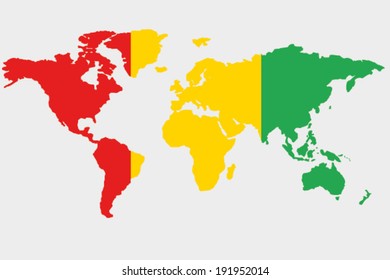 The flag of Guinea in the outline of the world