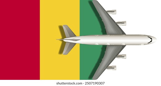 Flag of Guinea with a plane flying over it close up. Vector image.