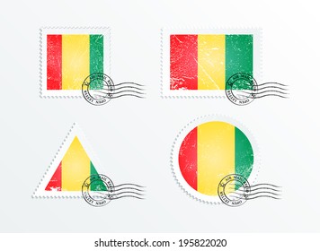 Flag of Guinea. Stamps with the image of the flag. Stamp with flag. Triangular stamp, stamp rectangular, round stamp, square stamp. Mark in grungy style. Battered mark. Old label.
