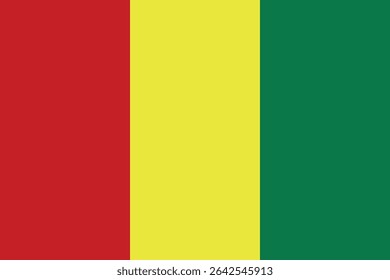 Flag of Guinea with vertical red, yellow and green stripes symbolizing African independence, unity and national heritage