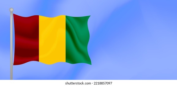 Flag of Guinea waving against the blue sky. Horizontal banner design with Guinea flag with copy space. Vector illustration