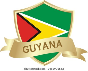 Flag of guyana as around the metal gold shield with guyana flag