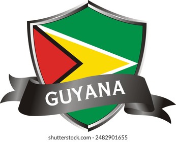 Flag of guyana as around the metal silver shield with guyana flag