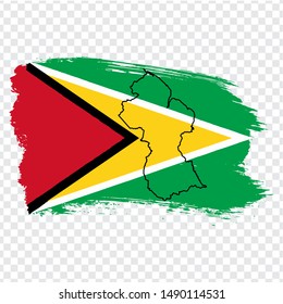 Flag Guyana from brush strokes and Blank map Suriname. High quality map Guyana and flag on transparent background.  Stock vector. Vector illustration EPS10.