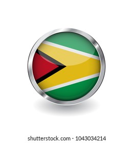 Flag of guyana, button with metal frame and shadow. guyana flag vector icon, badge with glossy effect and metallic border. Realistic vector illustration on white background.